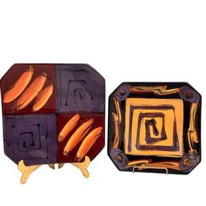 Square Abstract Modern Studio Pottery‎ Plate EUC Karen Howell 9.5"set of 2